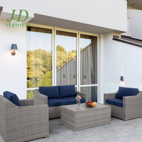 4-Piece Modern Rectangular Patio Conversation Set – Blue Outdoor Sectional, All-Weather Furniture Set for 4