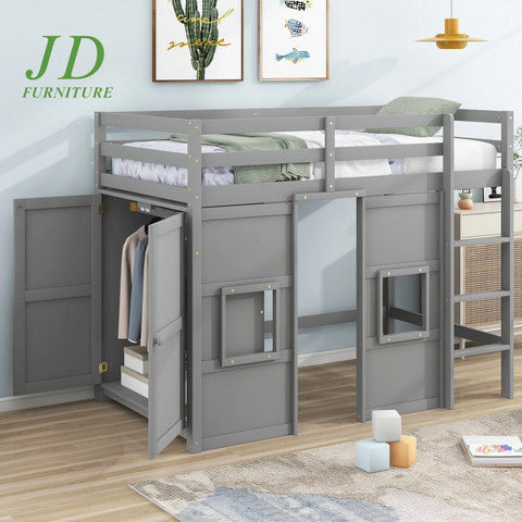 Twin Size Loft Bed with Storage Wardrobe & Windows – Gray, Space-Saving Design