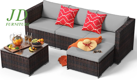 5-Piece PE Rattan Patio Furniture Set, Outdoor Sectional Sofa with Cushion, Gray