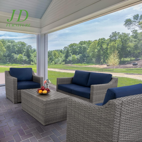 4-Piece Modern Rectangular Patio Conversation Set – Blue Outdoor Sectional, All-Weather Furniture Set for 4