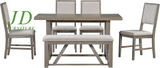 6-Piece Retro Dining Table Set – Rectangular Table with Trestle Base, 4 Upholstered Chairs & 1 Bench, Gray for Dining Room/Kitchen