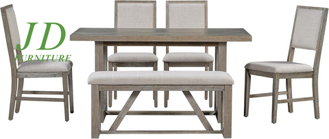 6-Piece Retro Dining Table Set – Rectangular Table with Trestle Base, 4 Upholstered Chairs & 1 Bench, Gray for Dining Room/Kitchen