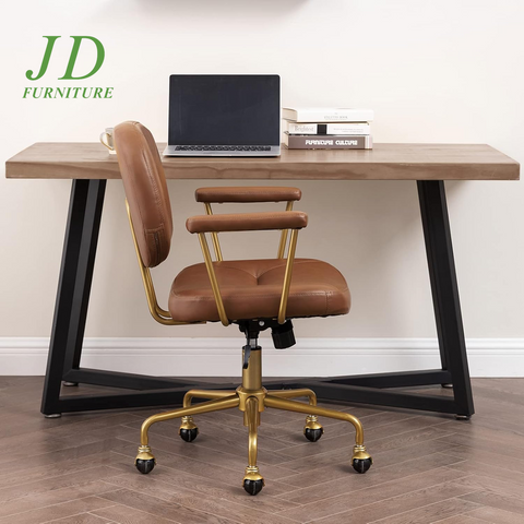 Brown Leather Office Chair – Mid Century Modern Rolling Desk Chair with Gold Base, Comfortable Task Chair for Women, Executive Home Office