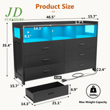 6-Drawer LED Dresser for Bedroom – Modern Black Wood Dresser with Built-In Power Outlets