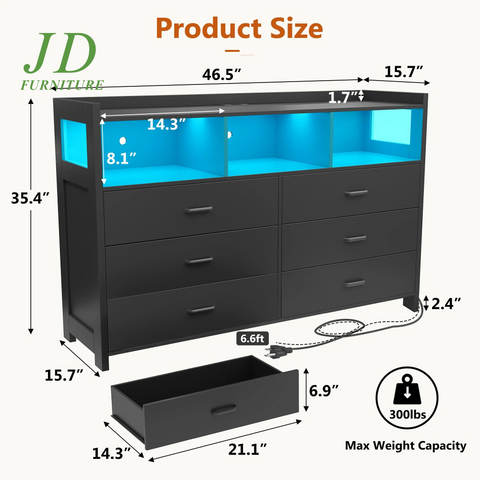 6-Drawer LED Dresser for Bedroom – Modern Black Wood Dresser with Built-In Power Outlets