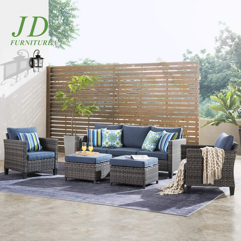 5-Piece Patio Furniture Set – Outdoor Wicker Rattan Sofa with Chairs, Ottomans & Comfy Cushions, All-Weather High Back Conversation Set for Garden & Backyard, Denim Blue