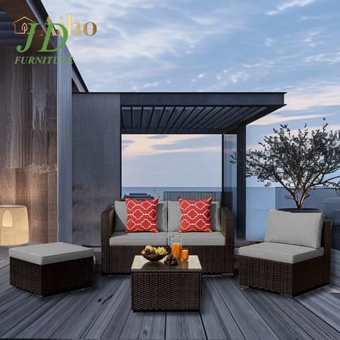 5-Piece PE Rattan Patio Furniture Set, Outdoor Sectional Sofa with Cushion, Gray
