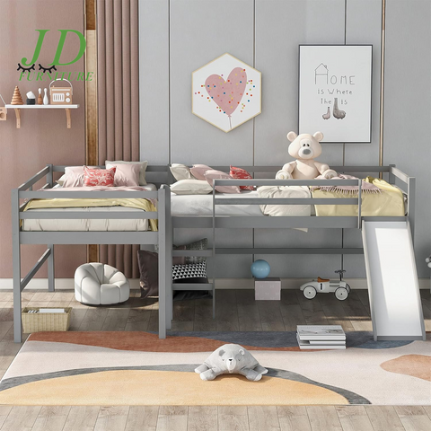 Twin Loft Bed with Slide for Kids – L-Shaped Wood Corner Bed Frame, Ladders & Guardrails, Grey