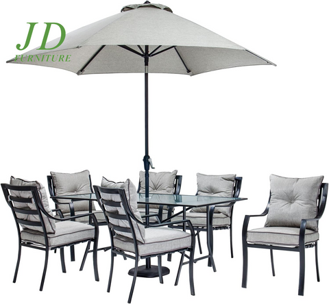 Lavallette 7-Piece Patio Dining Set – Steel Outdoor Dining Set for 6, Cushioned Chairs & Tempered Glass Rectangular Table