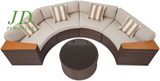 5-Piece Patio Sectional Furniture Set – Half-Moon Brown Wicker Curved Outdoor Sofa with Beige Cushions & Glass Coffee Table, Beige