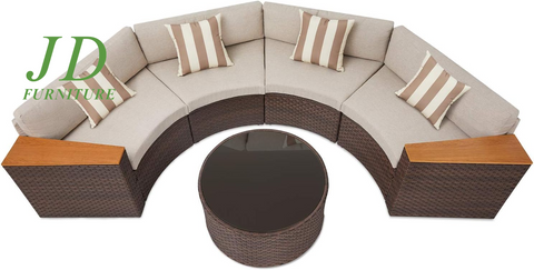 5-Piece Patio Sectional Furniture Set – Half-Moon Brown Wicker Curved Outdoor Sofa with Beige Cushions & Glass Coffee Table, Beige