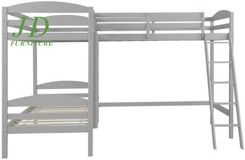 Twin Loft Bed for Kids, Wood Loft Bed L-Shaped Corner Bunk Bed Frame 3 Bed Bunk Loft Bed with Full Guardrails and Flat Ladder (Grey)