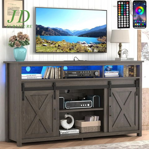 4 Layer Farmhouse Coffee Bar Cabinet with Power Outlet & LED Light, 57" Double Barn Door Buffet Sideboard Kitchen Storage with Adjustable Shelves(Grey)
