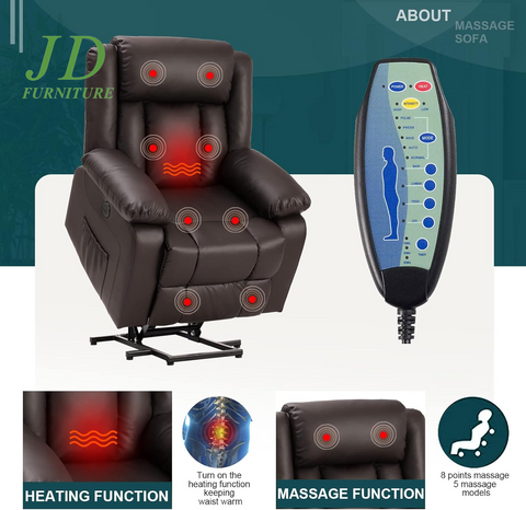 Power Lift Recliner Chair for Elderly – Electric Massage & Heat, PU Leather, Brown