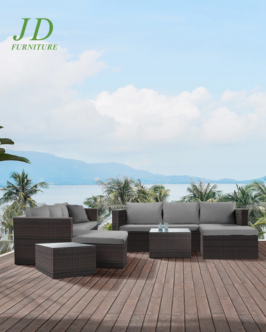 5-Piece PE Rattan Patio Furniture Set, Outdoor Sectional Sofa with Cushion, Gray