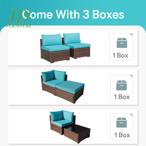 6-Piece Outdoor Patio Sectional Sofa Set Brown Wicker Furniture Set with Turquoise Seat Cushions & Tempered Glass Coffee Table
