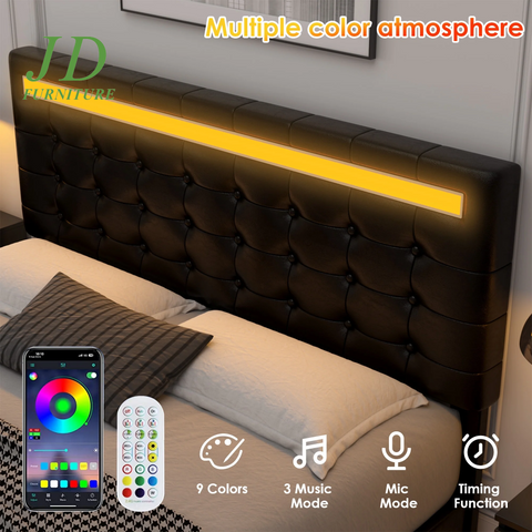 Full Size Floating LED Platform Bed Frame – Black PU Leather, Tufted Upholstered Headboard, Underbed Storage