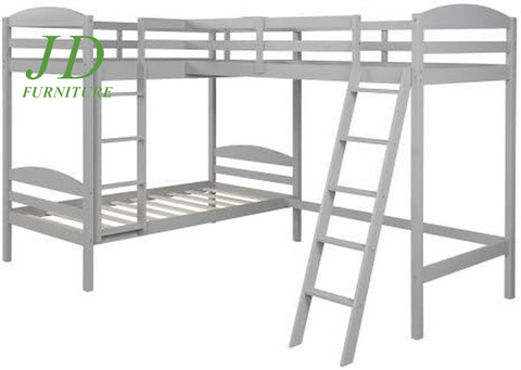 Twin Loft Bed for Kids, Wood Loft Bed L-Shaped Corner Bunk Bed Frame 3 Bed Bunk Loft Bed with Full Guardrails and Flat Ladder (Grey)
