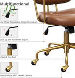 Brown Leather Office Chair – Mid Century Modern Rolling Desk Chair with Gold Base, Comfortable Task Chair for Women, Executive Home Office