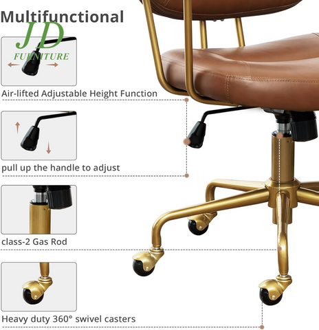 Brown Leather Office Chair – Mid Century Modern Rolling Desk Chair with Gold Base, Comfortable Task Chair for Women, Executive Home Office