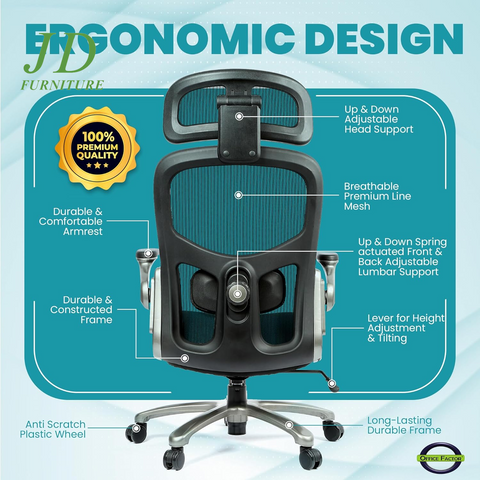 Officefactor Big and Tall Office Chair – 500 lbs Rated, High Back Ergonomic Chair with Flip-Up Arms, Adjustable Lumbar Support & Headrest, Mesh Back, Black