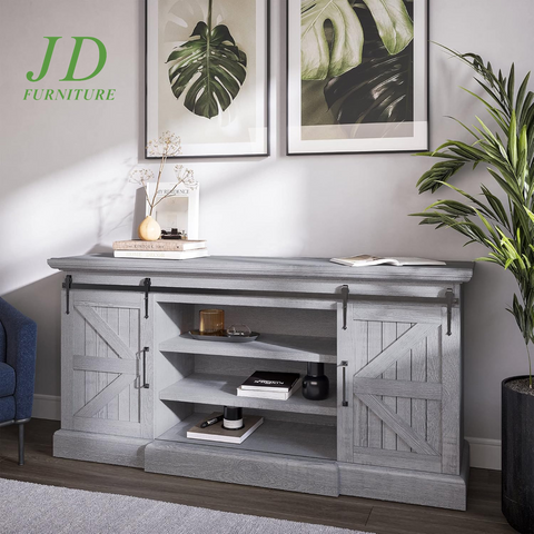 Modern 60 Inch Farmhouse TV Stand, Entertainment Center for Tvs up to 65 Inch, Storage Cabinet with Adjustable Shelves and Barn Doors - Ashford (Stone Grey)