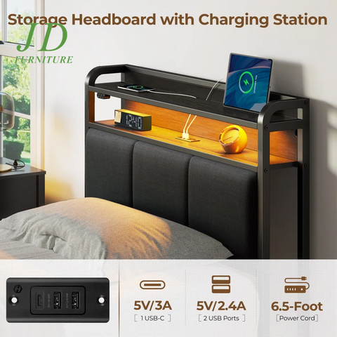 Franzi Bed with Storage Headboard – Bed Frame with 4 Drawers, Charging Station & RGB LED Lights