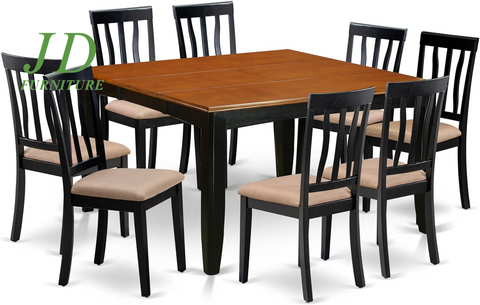  9-Piece Dining Set – Square Kitchen Table with Butterfly Leaf & 8 Linen Upholstered Chairs, 54x54 Inch, Black & Cherry