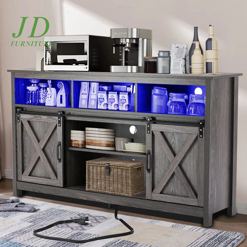 4 Layer Farmhouse Coffee Bar Cabinet with Power Outlet & LED Light, 57" Double Barn Door Buffet Sideboard Kitchen Storage with Adjustable Shelves(Grey)