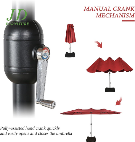 15-Ft Double-Sided Patio Umbrella – Outdoor Market Umbrella with Crank, Base Included, Red