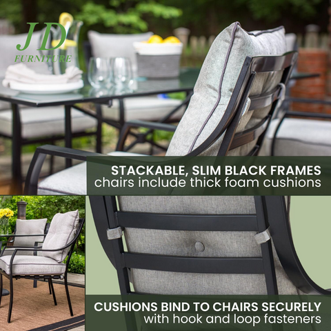 Lavallette 7-Piece Patio Dining Set – Steel Outdoor Dining Set for 6, Cushioned Chairs & Tempered Glass Rectangular Table