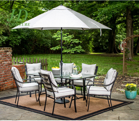 Lavallette 7-Piece Patio Dining Set – Steel Outdoor Dining Set for 6, Cushioned Chairs & Tempered Glass Rectangular Table