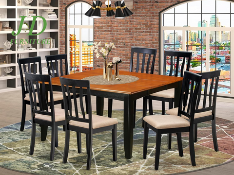 9-Piece Dining Set – Square Kitchen Table with Butterfly Leaf & 8 Linen Upholstered Chairs, 54x54 Inch, Black & Cherry