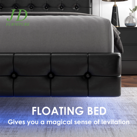 Full Size Floating LED Platform Bed Frame – Black PU Leather, Tufted Upholstered Headboard, Underbed Storage