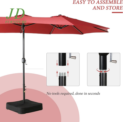 15-Ft Double-Sided Patio Umbrella – Outdoor Market Umbrella with Crank, Base Included, Red