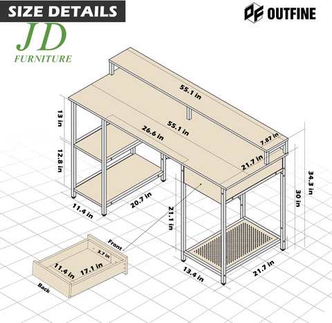 Home Office Computer Desk – Desk with Drawer, Monitor Stand & Storage Shelves