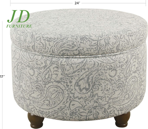 Upholstered Round Storage Ottoman – Gray Floral Footrest for Living Room & Bedroom Decor