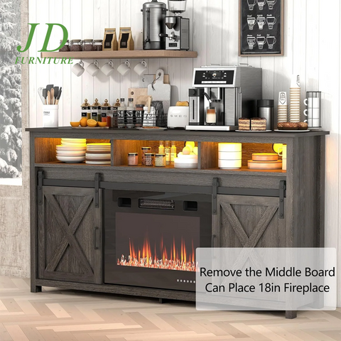4 Layer Farmhouse Coffee Bar Cabinet with Power Outlet & LED Light, 57" Double Barn Door Buffet Sideboard Kitchen Storage with Adjustable Shelves(Grey)
