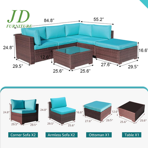 6-Piece Outdoor Patio Sectional Sofa Set Brown Wicker Furniture Set with Turquoise Seat Cushions & Tempered Glass Coffee Table