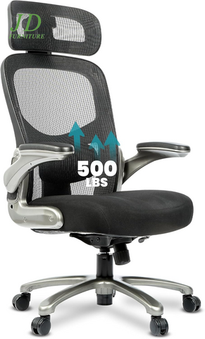 Officefactor Big and Tall Office Chair – 500 lbs Rated, High Back Ergonomic Chair with Flip-Up Arms, Adjustable Lumbar Support & Headrest, Mesh Back, Black
