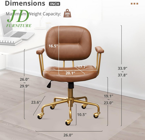 Brown Leather Office Chair – Mid Century Modern Rolling Desk Chair with Gold Base, Comfortable Task Chair for Women, Executive Home Office
