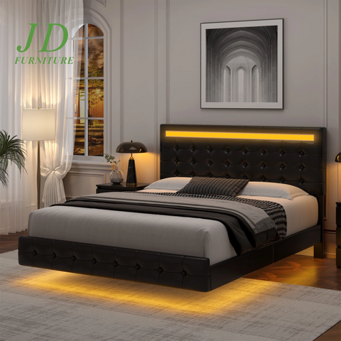 Full Size Floating LED Platform Bed Frame – Black PU Leather, Tufted Upholstered Headboard, Underbed Storage