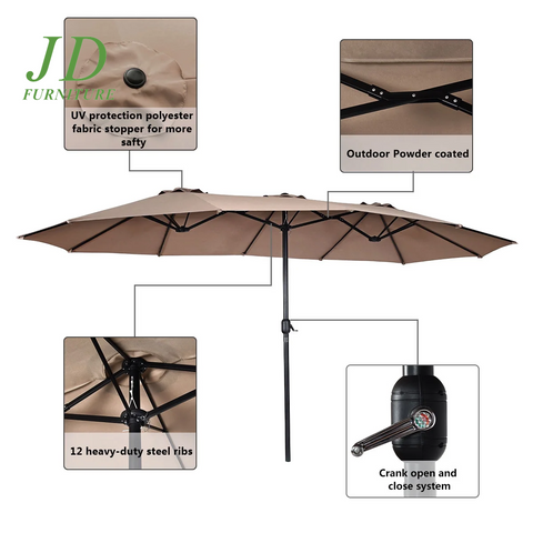 15ft Double-Sided Market Umbrella – Twin Patio Umbrella with Crank, Tan Outdoor Shade