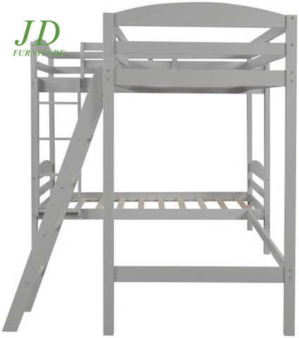 Twin Loft Bed for Kids, Wood Loft Bed L-Shaped Corner Bunk Bed Frame 3 Bed Bunk Loft Bed with Full Guardrails and Flat Ladder (Grey)