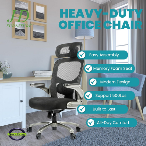 Officefactor Big and Tall Office Chair – 500 lbs Rated, High Back Ergonomic Chair with Flip-Up Arms, Adjustable Lumbar Support & Headrest, Mesh Back, Black