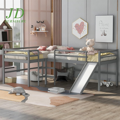 Twin Loft Bed with Slide for Kids – L-Shaped Wood Corner Bed Frame, Ladders & Guardrails, Grey