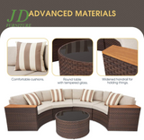 5-Piece Patio Sectional Furniture Set – Half-Moon Brown Wicker Curved Outdoor Sofa with Beige Cushions & Glass Coffee Table, Beige