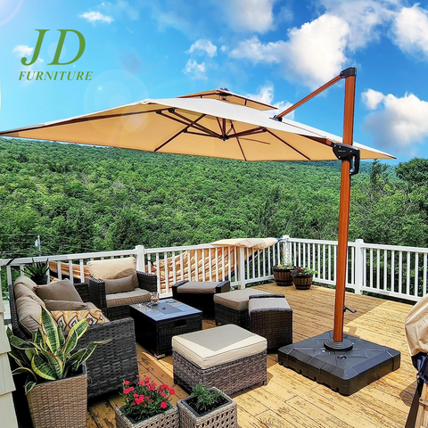 9' x 12' Double Top Deluxe Patio Umbrella – Wood Pattern, Offset Hanging Outdoor Market Umbrella, Beige