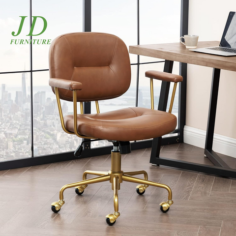 Brown Leather Office Chair – Mid Century Modern Rolling Desk Chair with Gold Base, Comfortable Task Chair for Women, Executive Home Office