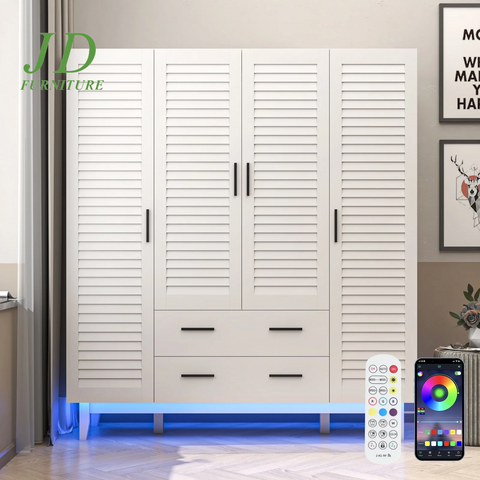 70" Armoire Wardrobe Closet with LED Lights, 4 Door Wardrobe Armoire with 2 Large Drawers, LED Wood Armoire Storage with Hanging Rods and Multi-Layer Shelves(White)